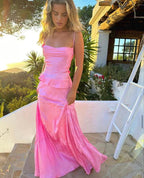 Pink Fashion Lazy Spaghetti Straps Elegant Long Satin Two Piece Prom Dress Evening Dress Party Dress Wedding Holiday Birthday Party Dress