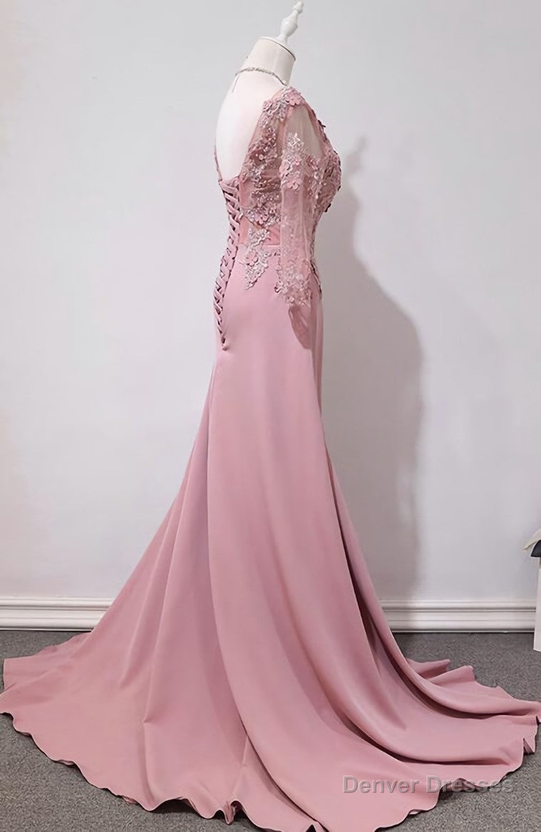 Elegant Pink Long Sleeves Lace Applique Long Party Dress, Pink Prom Dress Main image