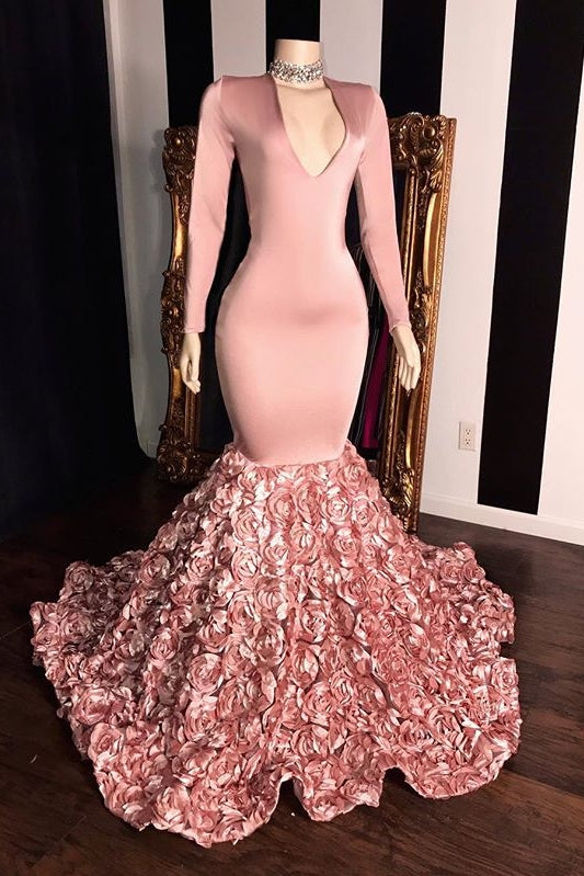 Elegant Pink Long Sleevess Flowers Mermaid Prom Gowns V-Neck Evening Dress Main image