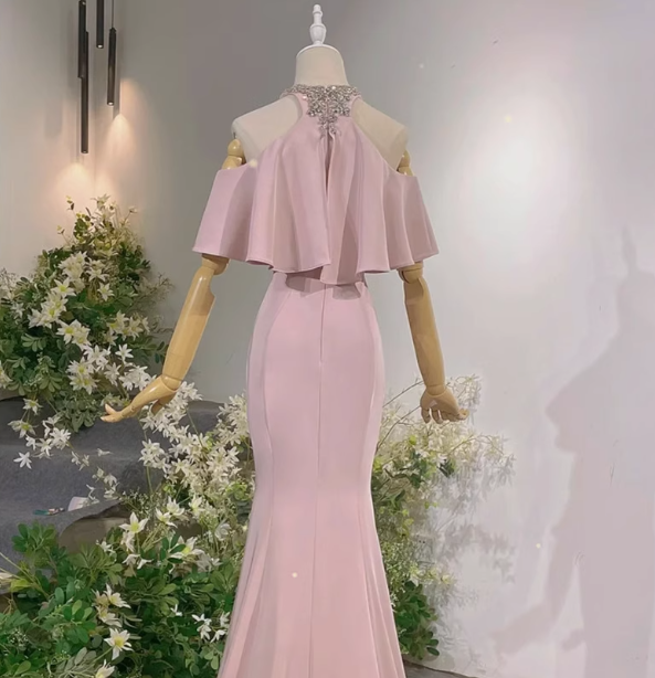 Elegant Pink Mermaid Halter Neck Ruffled Satin Train Prom Dress Evening Dress Secondary image