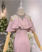 Elegant Pink Mermaid Halter Neck Ruffled Satin Train Prom Dress Evening Dress