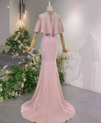 Elegant Pink Mermaid Halter Neck Ruffled Satin Train Prom Dress Evening Dress