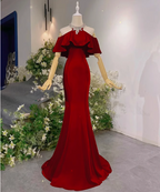 Elegant Pink Mermaid Halter Neck Ruffled Satin Train Prom Dress Evening Dress