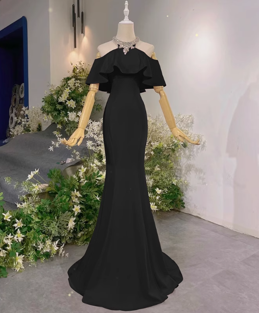 Elegant Pink Mermaid Halter Neck Ruffled Satin Train Prom Dress Evening Dress