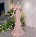 Elegant Pink Mermaid Halter Neck Ruffled Satin Train Prom Dress Evening Dress