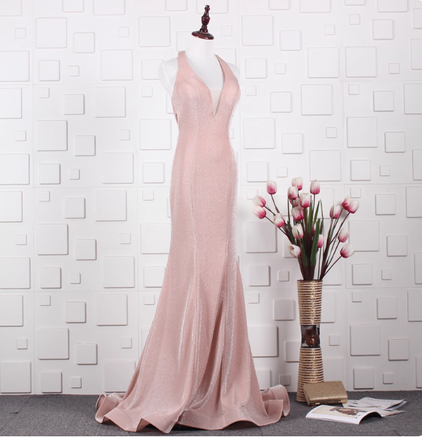 Elegant Pink Mermaid Halter V-Neck Satin Train Prom Dress Evening Dress