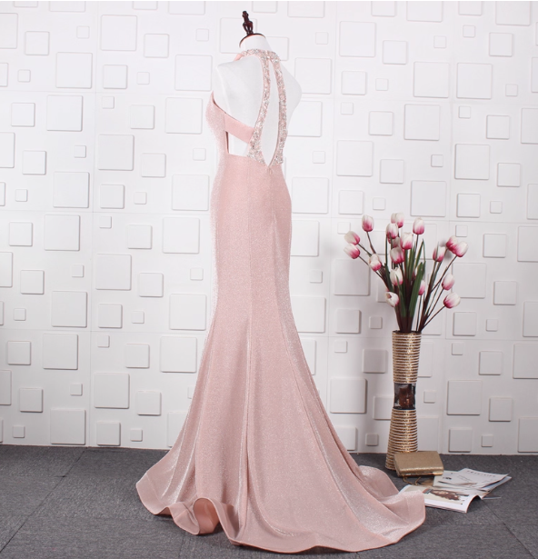 Elegant Pink Mermaid Halter V-Neck Satin Train Prom Dress Evening Dress