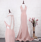 Elegant Pink Mermaid Halter V-Neck Satin Train Prom Dress Evening Dress