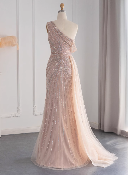 Elegant Pink Mermaid One-Shoulder Beaded Tulle Slit Train Prom Dress Evening Dress Secondary image