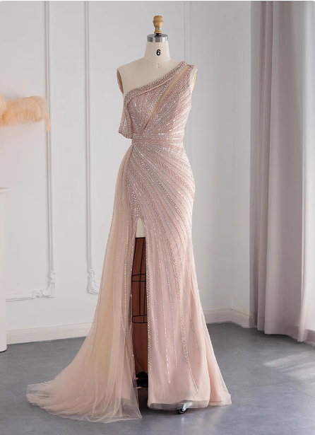 Elegant Pink Mermaid One-Shoulder Beaded Tulle Slit Train Prom Dress Evening Dress Main image