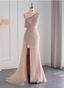 Elegant Pink Mermaid One-Shoulder Beaded Tulle Slit Train Prom Dress Evening Dress