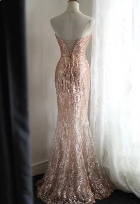 Elegant Pink Mermaid Sequined Prom Dress Evening Dress