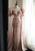 Elegant Pink Mermaid Sequined Prom Dress Evening Dress