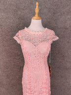 Elegant Pink Mermaid Short Sleeve Crew Neck Cutout Lace Long Prom Dress Evening Dress