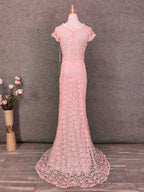 Elegant Pink Mermaid Short Sleeve Crew Neck Cutout Lace Long Prom Dress Evening Dress