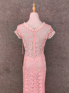 Elegant Pink Mermaid Short Sleeve Crew Neck Cutout Lace Long Prom Dress Evening Dress