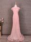 Elegant Pink Mermaid Short Sleeve Crew Neck Cutout Lace Long Prom Dress Evening Dress