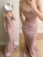Elegant Pink Mermaid Spaghetti Strap Glittery Long Prom Dress Evening Dress Bridesmaid Dress