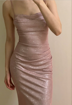 Elegant Pink Mermaid Spaghetti Strap Glittery Long Prom Dress Evening Dress Bridesmaid Dress