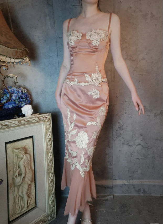 Elegant Pink Mermaid Spaghetti Strap Lace Embroidered Satin Prom Dress Evening Dress Secondary image