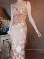 Elegant Pink Mermaid Spaghetti Strap Lace Embroidered Satin Prom Dress Evening Dress