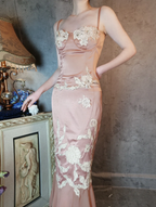 Elegant Pink Mermaid Spaghetti Strap Lace Embroidered Satin Prom Dress Evening Dress