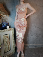 Elegant Pink Mermaid Spaghetti Strap Lace Embroidered Satin Prom Dress Evening Dress