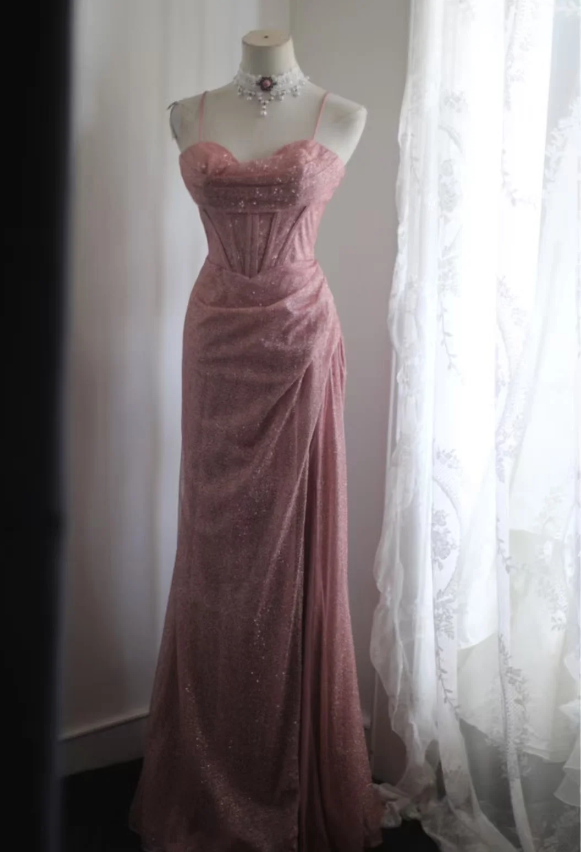 Elegant Pink Mermaid Spaghetti Strap Sequined Long Prom Dress Evening Dress