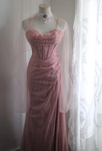 Elegant Pink Mermaid Spaghetti Strap Sequined Long Prom Dress Evening Dress