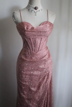 Elegant Pink Mermaid Spaghetti Strap Sequined Long Prom Dress Evening Dress