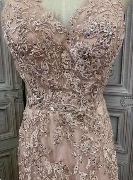 Elegant Pink Mermaid V-Neck Lace Embroidery Tulle Long Prom Dress Evening Dress