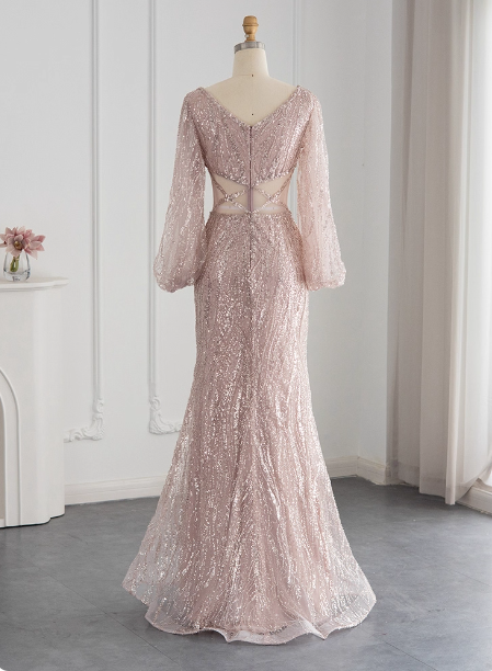 Elegant Pink Mermaid V-Neck Long Sleeve Sequin Long Prom Dress Evening Dress