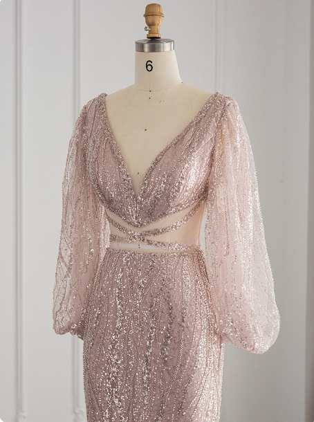 Elegant Pink Mermaid V-Neck Long Sleeve Sequin Long Prom Dress Evening Dress