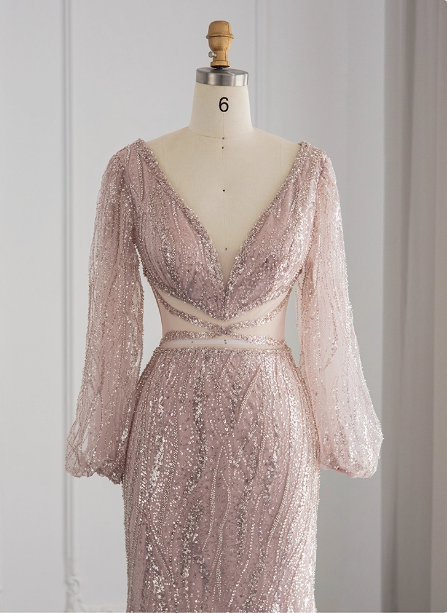 Elegant Pink Mermaid V-Neck Long Sleeve Sequin Long Prom Dress Evening Dress