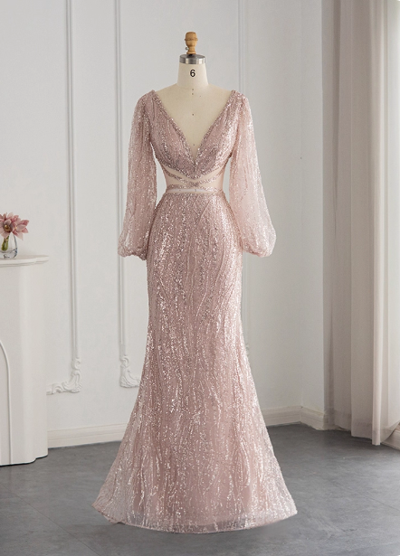 Elegant Pink Mermaid V-Neck Long Sleeve Sequin Long Prom Dress Evening Dress