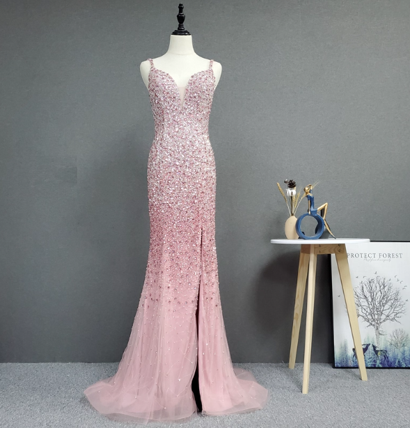 Elegant Pink Mermaid V-Neck Spaghetti Strap Full Rhinestone Slit Tulle Train Prom Dress Evening Dress Secondary image