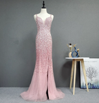 Elegant Pink Mermaid V-Neck Spaghetti Strap Full Rhinestone Slit Tulle Train Prom Dress Evening Dress