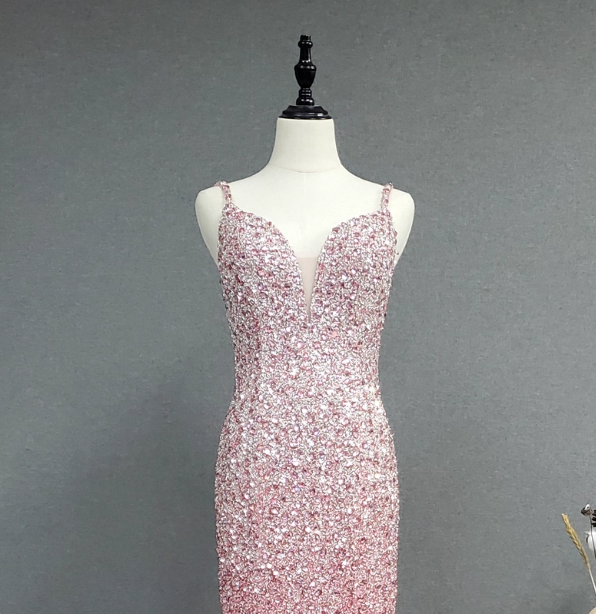 Elegant Pink Mermaid V-Neck Spaghetti Strap Full Rhinestone Slit Tulle Train Prom Dress Evening Dress