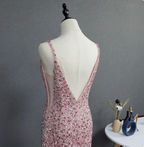 Elegant Pink Mermaid V-Neck Spaghetti Strap Full Rhinestone Slit Tulle Train Prom Dress Evening Dress