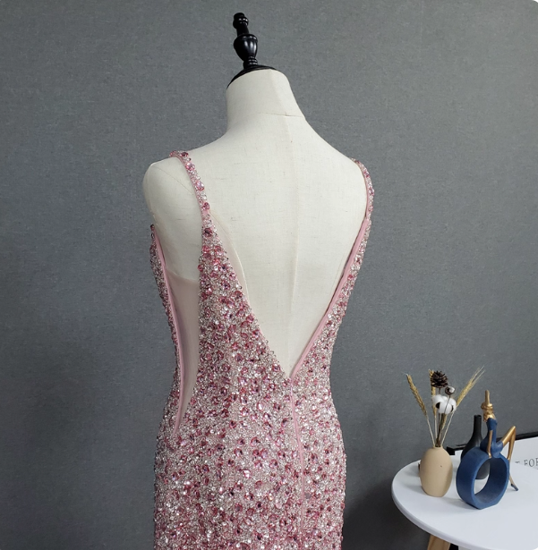 Elegant Pink Mermaid V-Neck Spaghetti Strap Full Rhinestone Slit Tulle Train Prom Dress Evening Dress