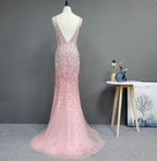 Elegant Pink Mermaid V-Neck Spaghetti Strap Full Rhinestone Slit Tulle Train Prom Dress Evening Dress