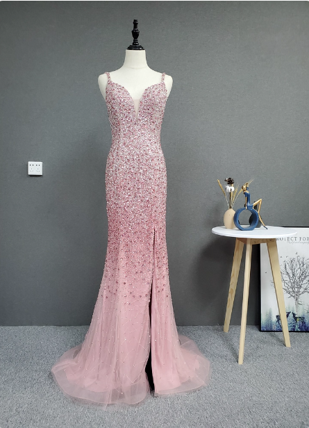 Elegant Pink Mermaid V-Neck Spaghetti Strap Full Rhinestone Slit Tulle Train Prom Dress Evening Dress Main image
