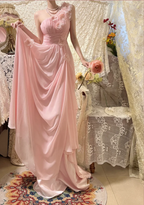 Elegant Pink Off-shoulder 3D Flower Pleated Chiffon Long Prom Dress