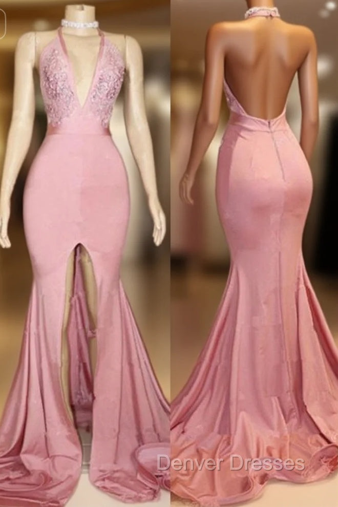 Elegant Pink Prom Party Gowns| Backless Lace Evening Gown With Slit Main image