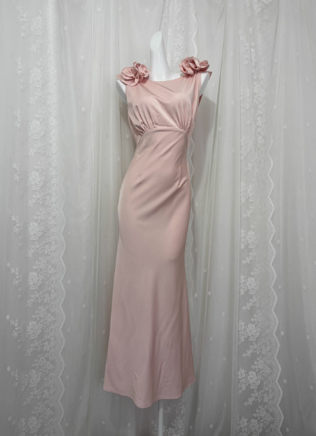 Elegant Pink Sleeveless 3D Floral Crew Neck Satin Long Prom Dress Evening Dress