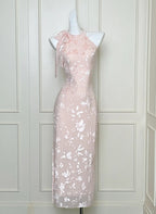 Elegant Pink Slim Halter Neck Jacquard Slit Long Prom Dress Evening Dress