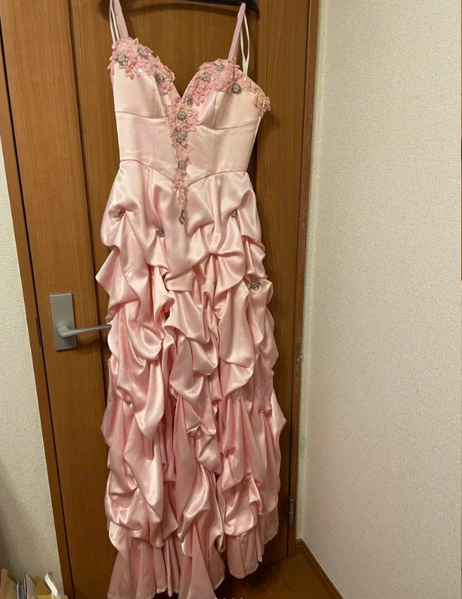 Elegant Pink Spaghetti Strap Sweetheart Neck Satin Long Prom Dress Evening Dress Secondary image