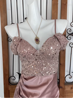 Elegant Pink Spaghetti Strap V-Neck Off-The-Shoulder Slit Sequin Satin Long Prom Dress Evening Dress
