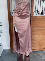 Elegant Pink Spaghetti Strap V-Neck Off-The-Shoulder Slit Sequin Satin Long Prom Dress Evening Dress