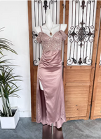Elegant Pink Spaghetti Strap V-Neck Off-The-Shoulder Slit Sequin Satin Long Prom Dress Evening Dress